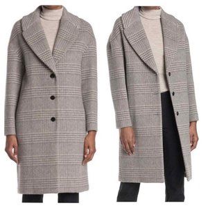 Theory New Town Taupe Texture Plaid Wool Blend Long Coat, Size TP
